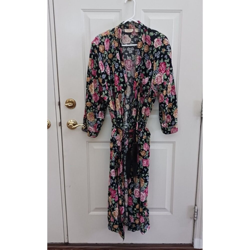 Vintage Victoria's Secret Black Floral Rayon Long Robe Size M/L Gold Label